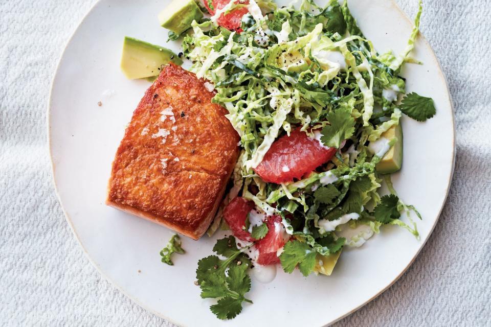Pan-roasted salmon with grapefruit-cabbage slaw