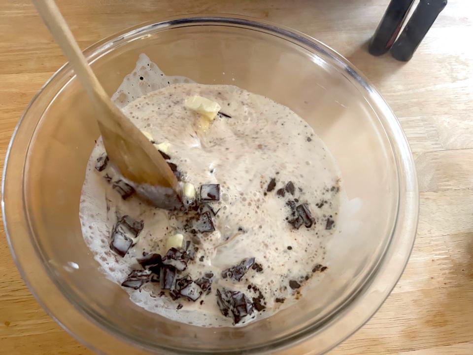 Making the mocha frosting for Ina Garten's chocolate cake