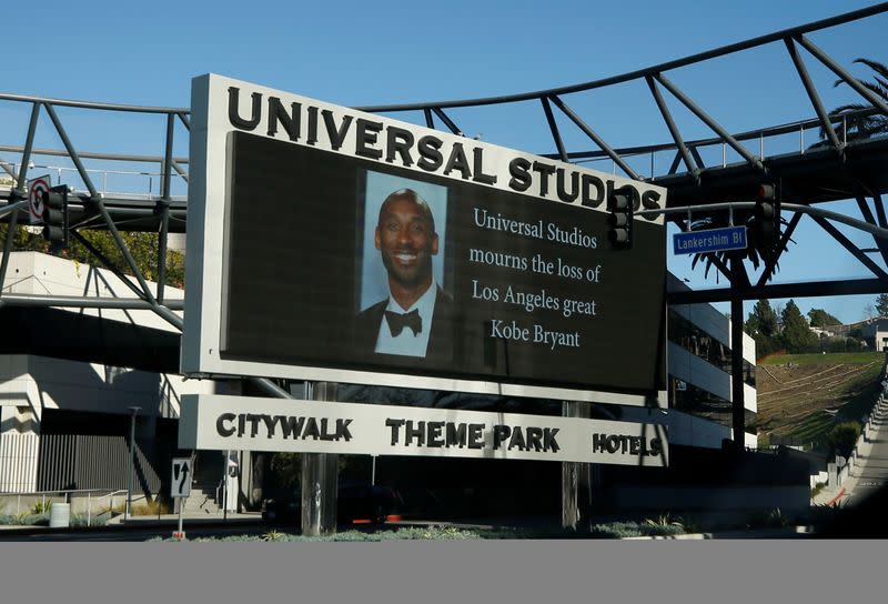 A sign in memory of NBA star Kobe Bryant is seen at Universal Studios in Universal City, California,