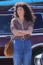 <p>Rose Byrne brings it back to the 80s while filming a scene for her upcoming Apple TV+ series, <i>Physical</i>, in San Pedro, California on Monday. </p>