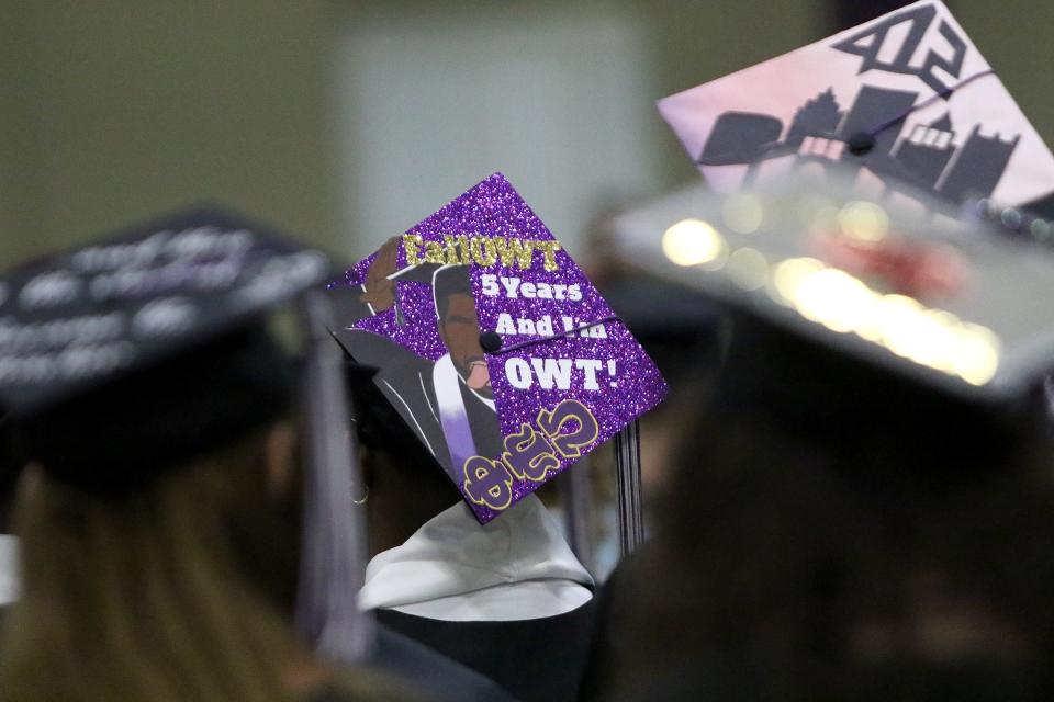 This student decorated their mortar board for University of Mount Union's undergraduate Commencement Exercises, paying tribute to the fraternity Omega Psi Phi. Mount Union's commencement was Saturday, May 14, 2022, in Peterson Field House.