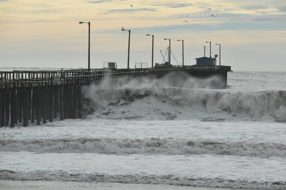 Large waves hammer the Avila Beach Pier on Thursday, Dec. 29, 2023.