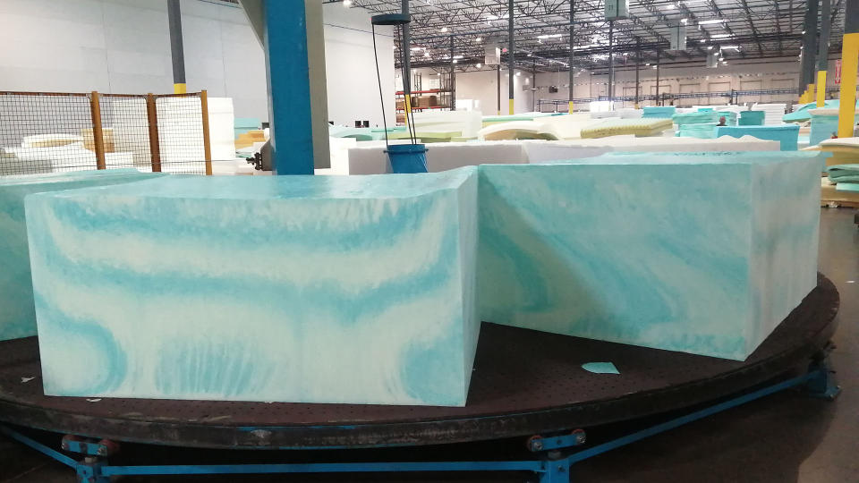 Big blocks of foam in a mattress factory