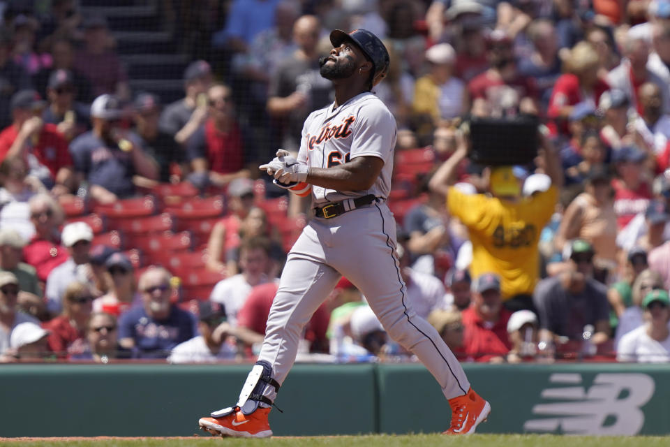 Detroit Tigers' Akil Baddoo celebrates as he arrives home after hitting a home run in the fifth inning of a baseball game against the Boston Red Sox, Sunday, Aug. 13, 2023, in Boston. (AP Photo/Steven Senne)