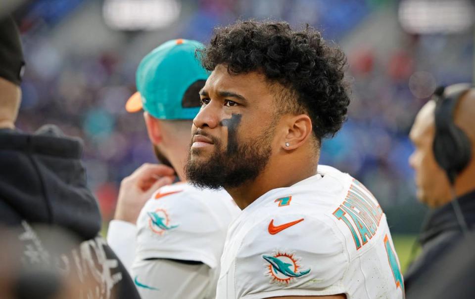 Miami Dolphins quarterback Tua Tagovailoa (1) looks up towards the score board late in the fourth quarter during the game against the Baltimore Ravens at M&T Bank Stadium in Baltimore, Maryland on Sunday, December 31, 2023.