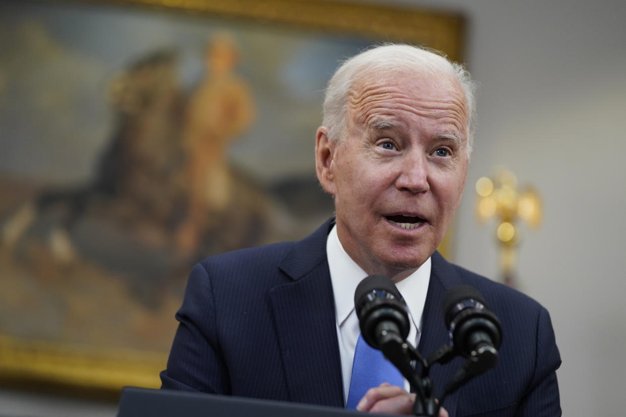 In this May 13, 2021 file photo, President Joe Biden speaks in the Roosevelt Room of the White House in Washington. Biden is asking U.S. intelligence agencies to “redouble” their efforts to investigate the origins of the COVID-19 pandemic. After months of minimizing the possibility that the coronavirus emerged from a lab accident, the administration is responding to both U.S. and world pressure for China to be more open about the outbreak. Biden said Wednesday there is insufficient evidence to conclude “whether it emerged from human contact with an infected animal or from a laboratory accident.”   (AP Photo/Evan Vucci)