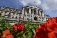 The Bank of England in London, Thursday, Aug. 4, 2022. The Bank of England will hold the Monetary Policy Report Press Conference on interest rates that are expected to go up by half a percentage point, which would be the biggest rise in 27 years. (AP Photo/Frank Augstein)