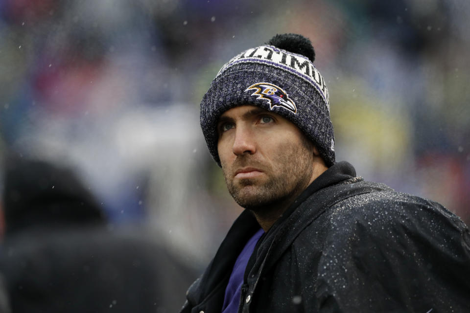 Joe Flacco has the best seat in the house, but he doesn’t seem too happy about it. (Getty)