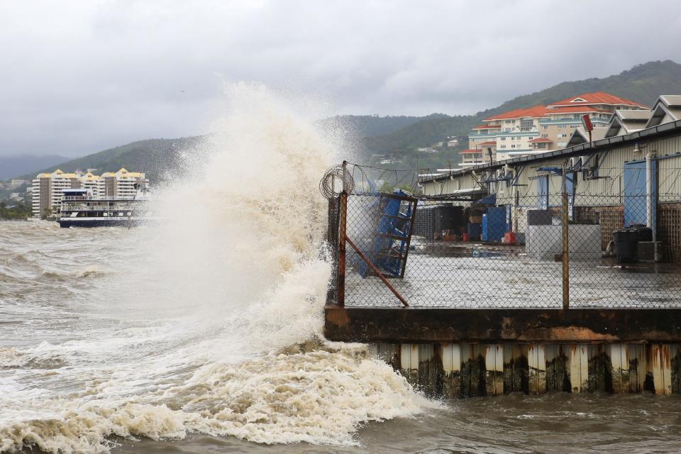 Waves crash into a sea wall after Hurricane Beryl made landfall, in Port of Spain, Trinidad and Tobago July 1, 2024.