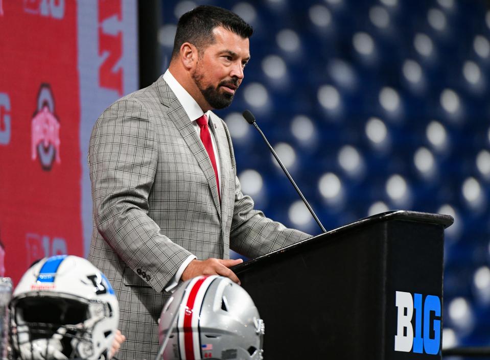 Jul 26, 2023; Indianapolis, IN, USA; Ohio State Buckeyes head coach Ryan Day speaks to the media during the Big 10 football media day at Lucas Oil Stadium. Mandatory Credit: Robert Goddin-USA TODAY Sports