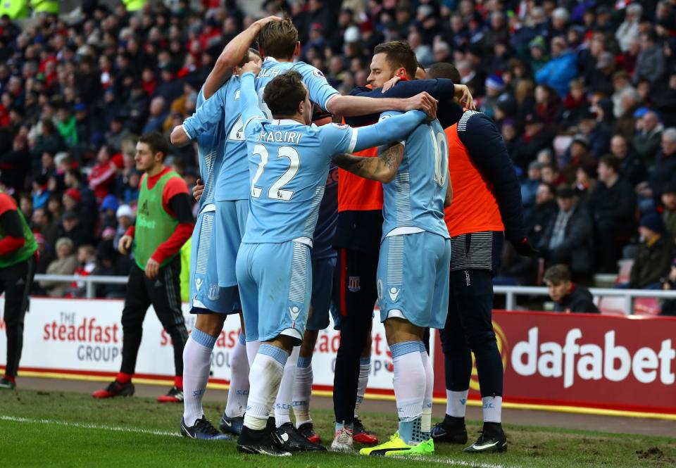 <p>Stoke celebrate their second goal</p>