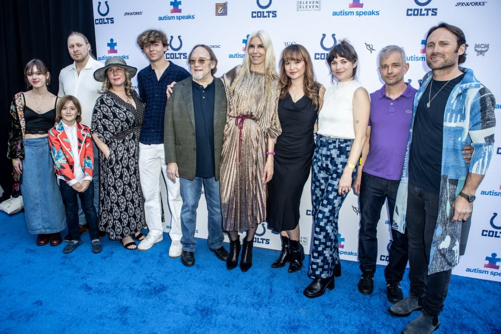 LOS ANGELES, CALIFORNIA - APRIL 22: (L-R) Stephen Stills, Kristen Stills, Chris Stills and family arrive on the blue carpet at the Autism Speaks Light Up The Blues 6 Concert at The Greek Theatre on April 22, 2023 in Los Angeles, California. (Photo by Harmony Gerber/Getty Images)