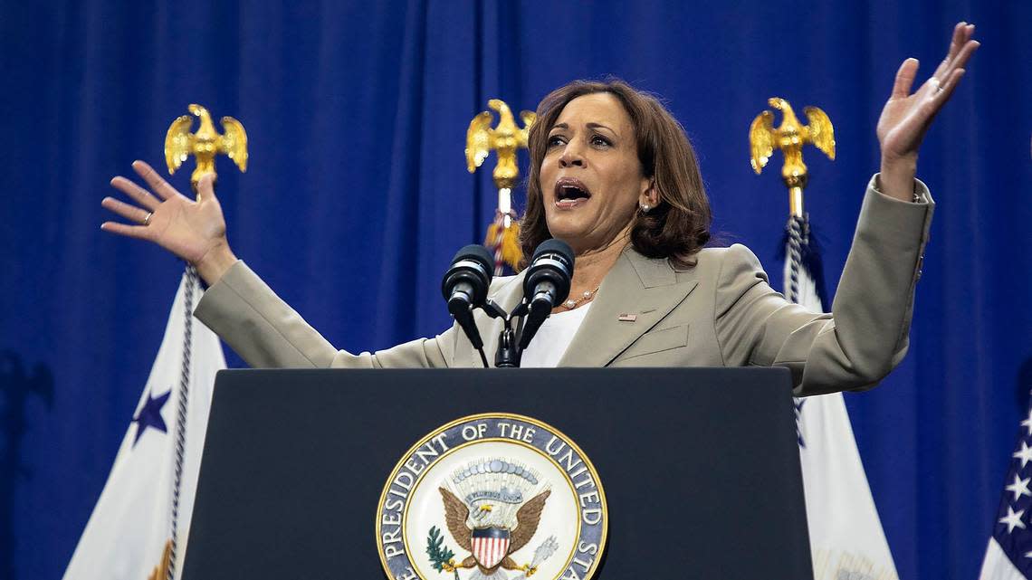 Vice President Kamala Harris speaks at the Durham Center for Senior Life about efforts to lower healthcare costs for seniors during a visit to Durham, N.C. on Thursday, Sept. 1, 2022.