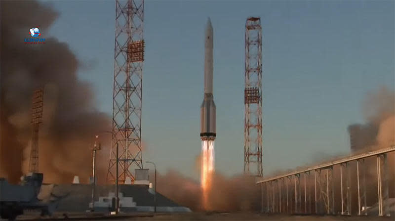 A Russian Proton rocket blasts off from the Baikonur Cosmodrome in Kazakhstan carrying a new laboratory module bound for the International Space Station. / Credit: Roscosmos