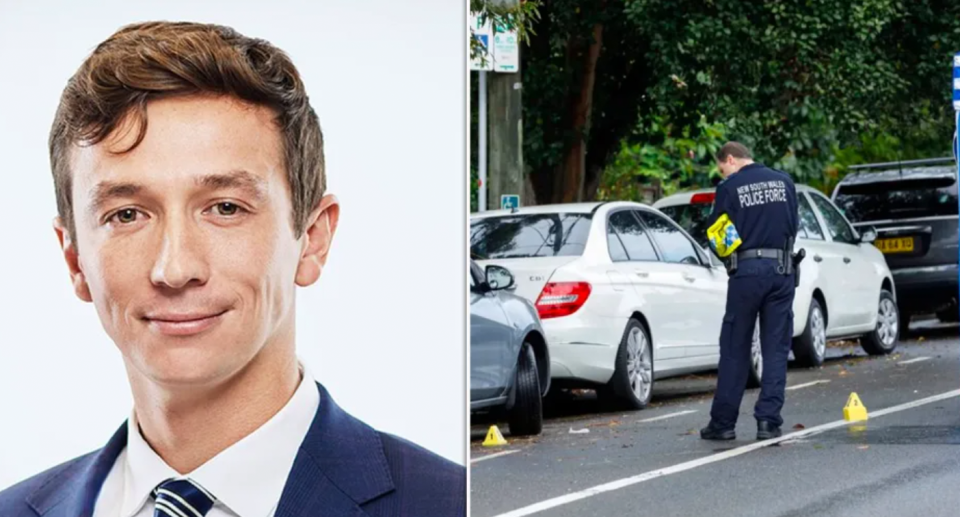 Left, Mitch East smiles wearing a suit and tie. Right, a NSW Police officer at the scene. 