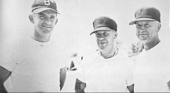 When they posed for this photo in 1952, Bill Holbrook, Burl Stidham and "Father" Bailey Ricketts couldn't have known that between 55-to-75 years later, they would be inducted separately into the Bartlesville Athletic Hall of Fame.
(Credit: Submitted to the E-E)