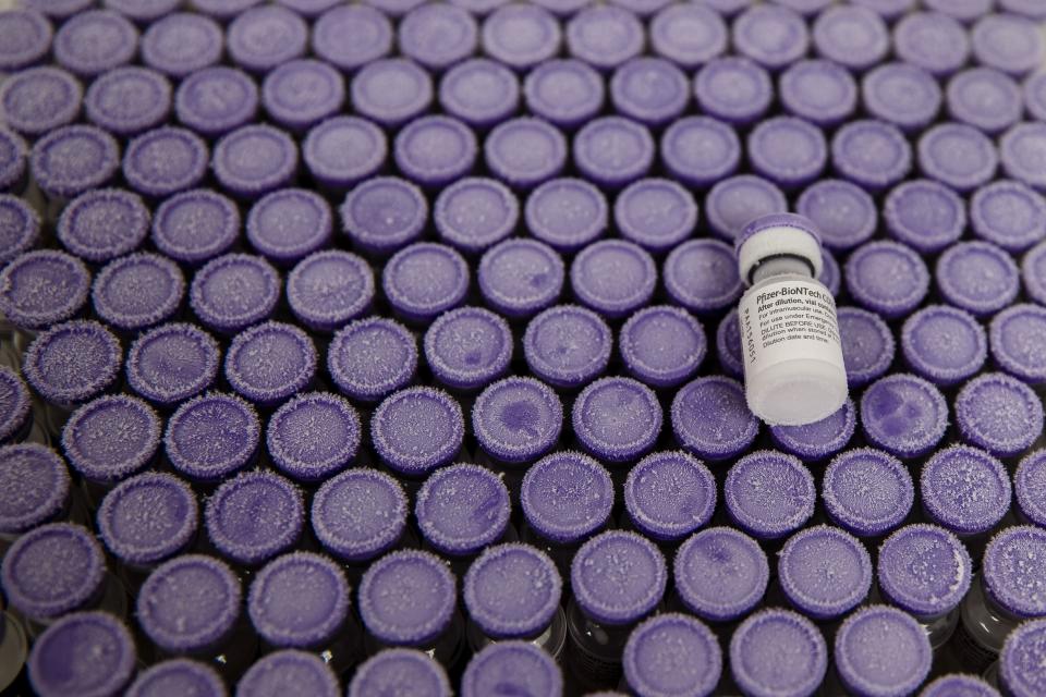 Pfizer's Covid-19 vaccine is pictured at Rady Children's Hospital before it's placed back in the refrigerator in San Diego, California on December 15, 2020. (Photo by ARIANA DREHSLER/AFP via Getty Images)