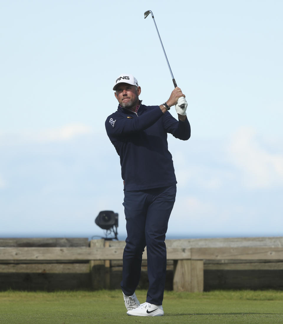 England's Lee Westwood plays his tee shot off the 6th hole during the third round of the British Open Golf Championships at Royal Portrush in Northern Ireland, Saturday, July 20, 2019.(AP Photo/Jon Super)