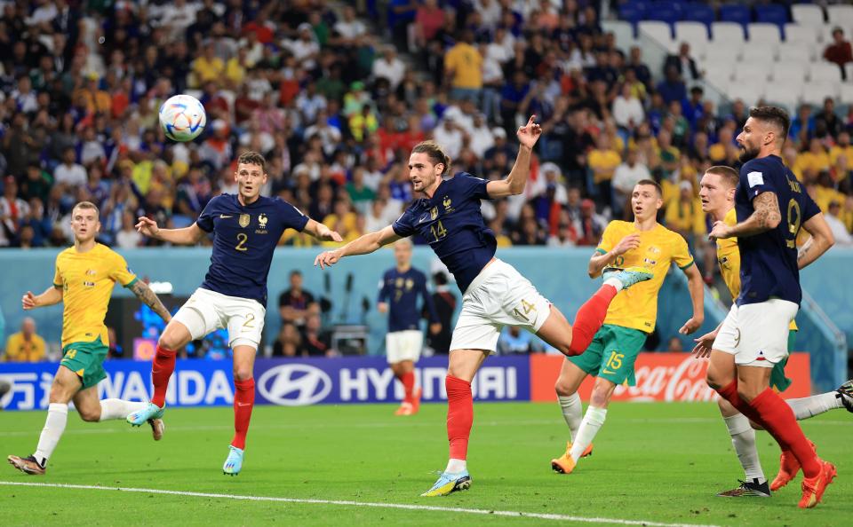Adrien Rabiot rises to head home France’s equaliser against Australia (Getty Images)