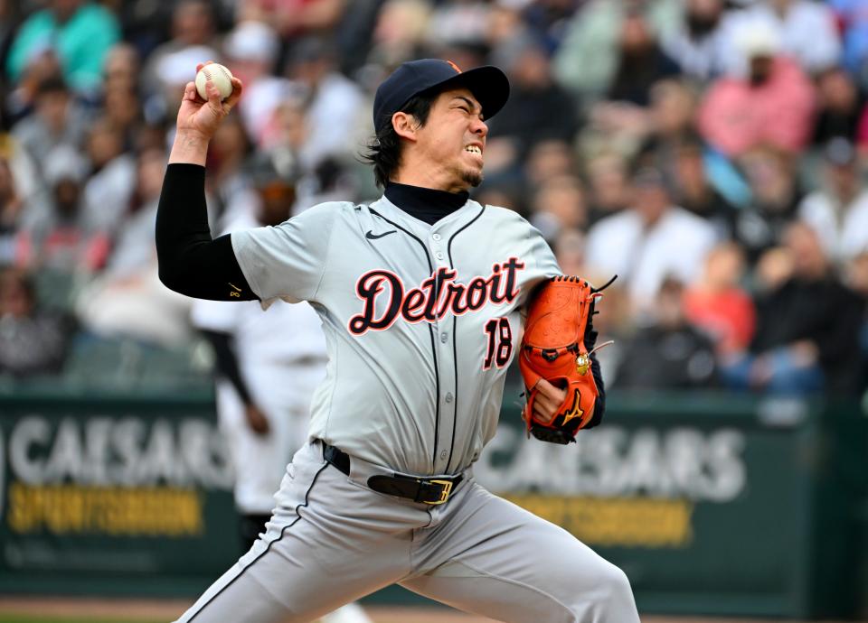 Detroit Tigers pitcher Kenta Maeda delivers a pitch during the second inning against the Chicago White Sox at Guaranteed Rate Field on March 30, 2024 in Chicago.