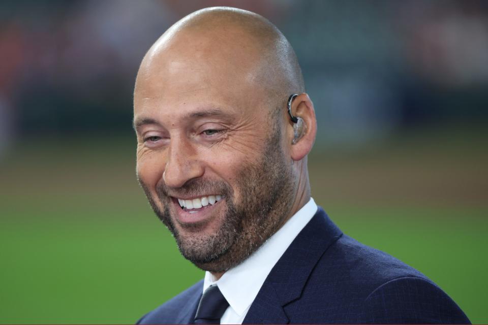 Derek Jeter appears on the Fox pregame show before game two between the Texas Rangers and the Houston Astros of the ALCS for the 2023 MLB playoffs at Minute Maid Park.