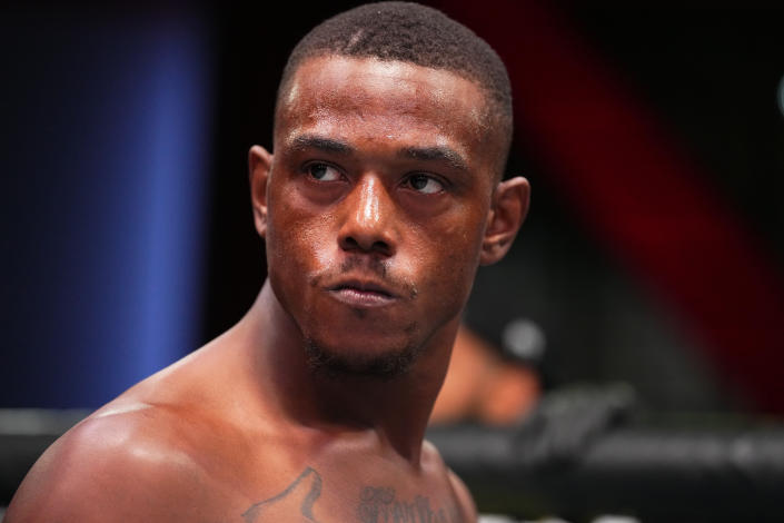 LAS VEGAS, NEVADA - AUGUST 06: Jamahal Hill prepares to fight Thiago Santos of Brazil in a light heavyweight fight during the UFC Fight Night event at UFC APEX on August 06, 2022 in Las Vegas, Nevada. (Photo by Chris Unger/Zuffa LLC)