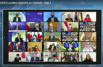 In this image from video world leaders participate in the White House Climate Leaders Summit via Zoom Thursday, April 22, 2021. The U.S. opened Thursday's summit, which is being held virtually by livestream because of the pandemic, with an ambitious pledge to cut by at least one-half the climate-wrecking coal and petroleum fumes that America is pumping out. (AP Photo)