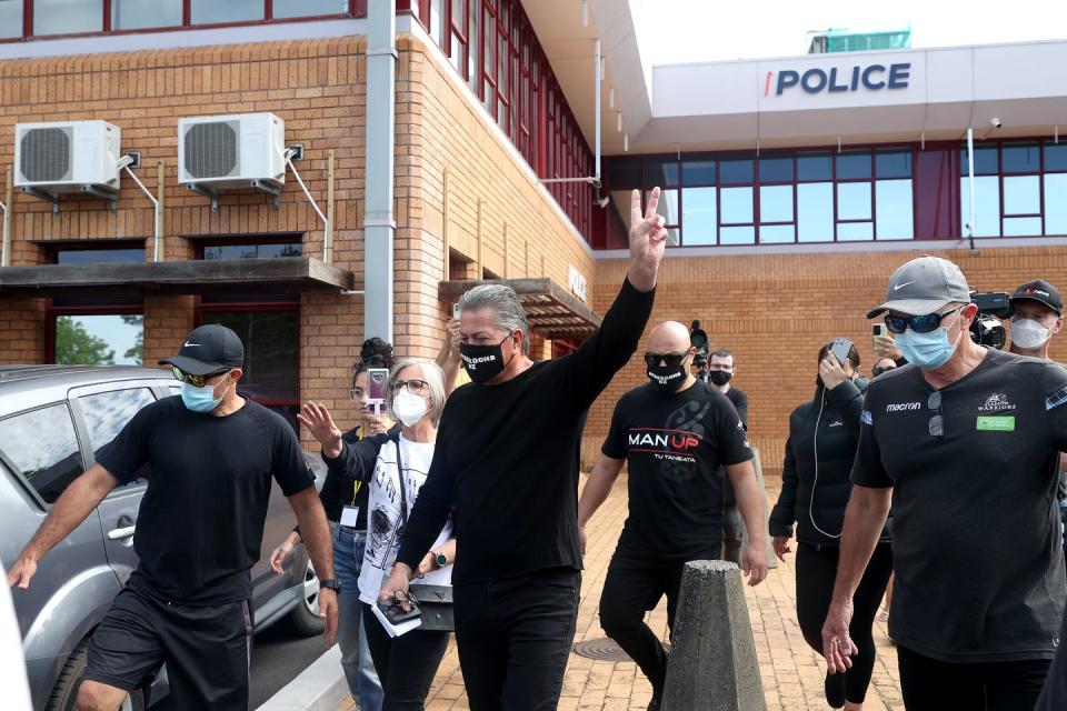 <span class="caption">Brian Tamaki leaves the Waitakere police station on October 20 after being charged with breaching bail conditions for attending a second anti-lockdown rally.</span> <span class="attribution"><span class="source">GettyImages</span></span>