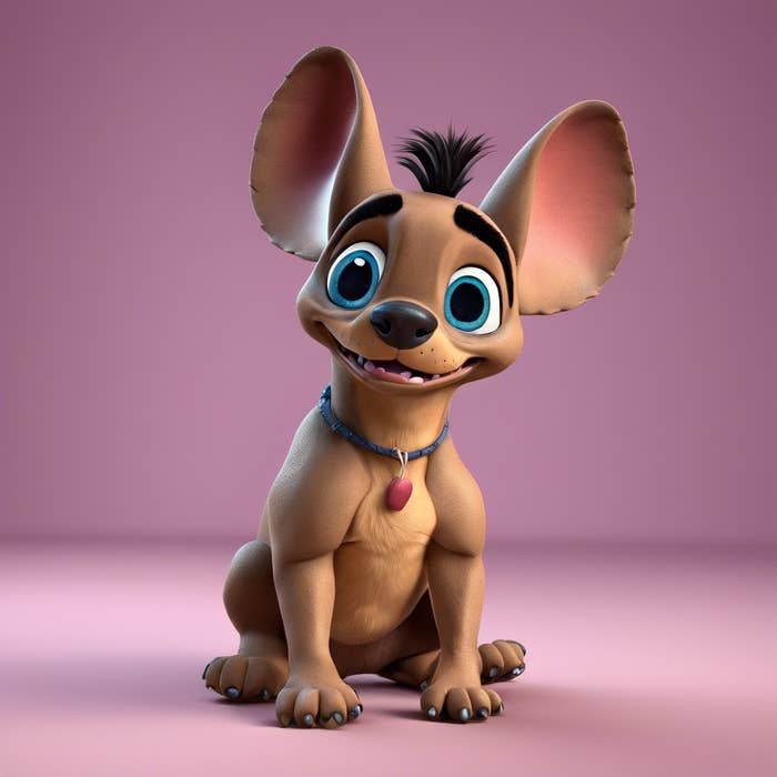 Realistic 3D AI-generated dog resembling Stitch from "Lilo and Stitch" with large ears, collar, and tag, sitting against a pink background