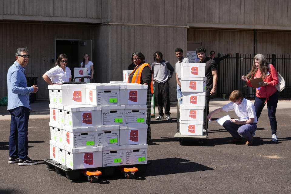 Arizona abortion-rights supporters deliver over 800,000 petition signatures to the capitol to get abortion rights on the November general election ballot Wednesday, July 3, 2024, in Phoenix. (AP Photo/Ross D. Franklin)