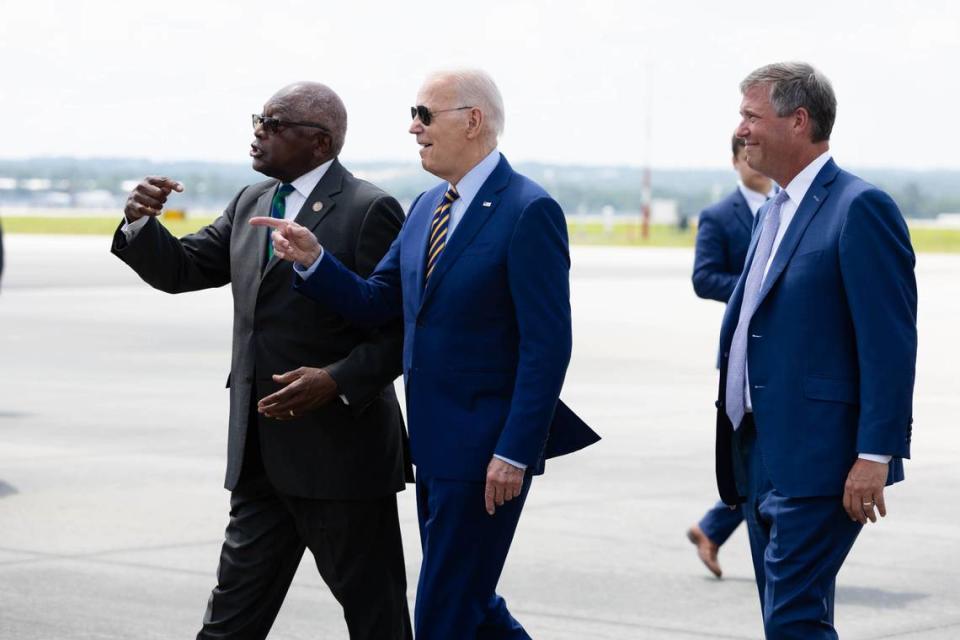 President Joe Biden arrives at Columbia Metropolitan Airport on Thursday, July 6, 2023. He is seen walking with U.S. Rep. Jim Clyburn, D-Columbia and Columbia Mayor Daniel Rickenmann.