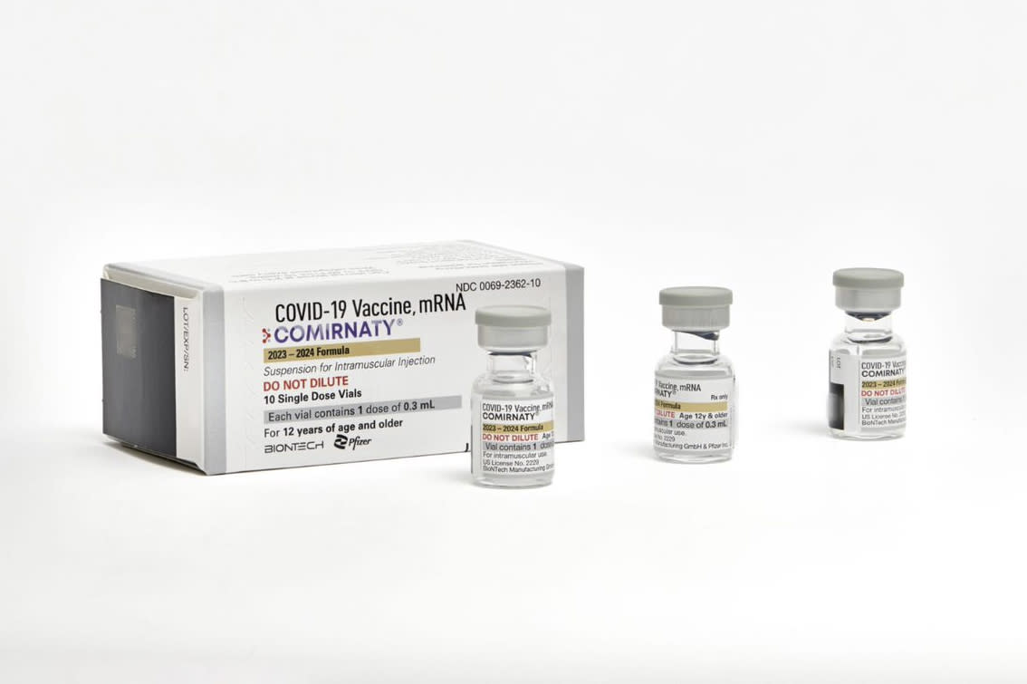 This photo provided by Pfizer in September 2023 shows single-dose vials of the company’s updated COVID vaccine for adults. (Pfizer via AP)