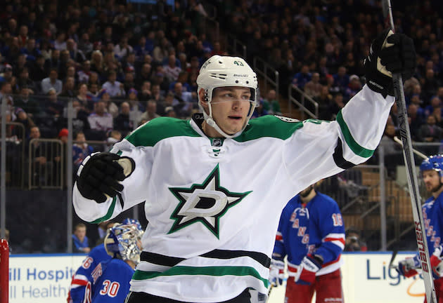 NEW YORK, NY - JANUARY 05: Valeri Nichushkin #43 of the Dallas Stars skates against the New York Rangers at Madison Square Garden on January 5, 2016 in New York City. The Rangers defeated the Stars 6-2. (Photo by Bruce Bennett/Getty Images)