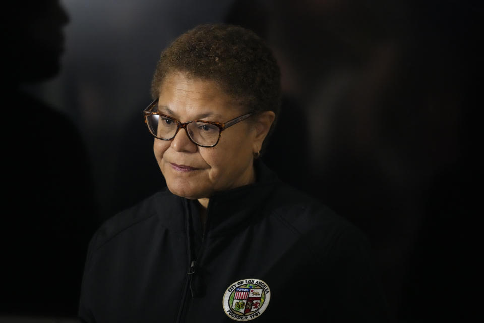 FILE - Los Angeles Mayor Karen Bass waits to speak during a news conference in Los Angeles, Jan. 24, 2023. Thousands of Los Angeles city employees, including sanitation workers, engineers and traffic officers, walked off the job for a 24-hour strike alleging unfair labor practices. The union said its members voted to authorize the walkout because the city has failed to bargain in good faith and also engaged in labor practices that restricted employee and union rights. Bass disputed the allegations of unfair labor practices. (AP Photo/Marcio Jose Sanchez, File)