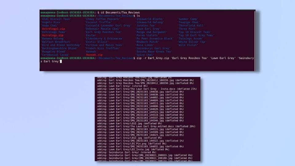 Screenshot showing how to zip a folder in Linux - Zip multiple directories