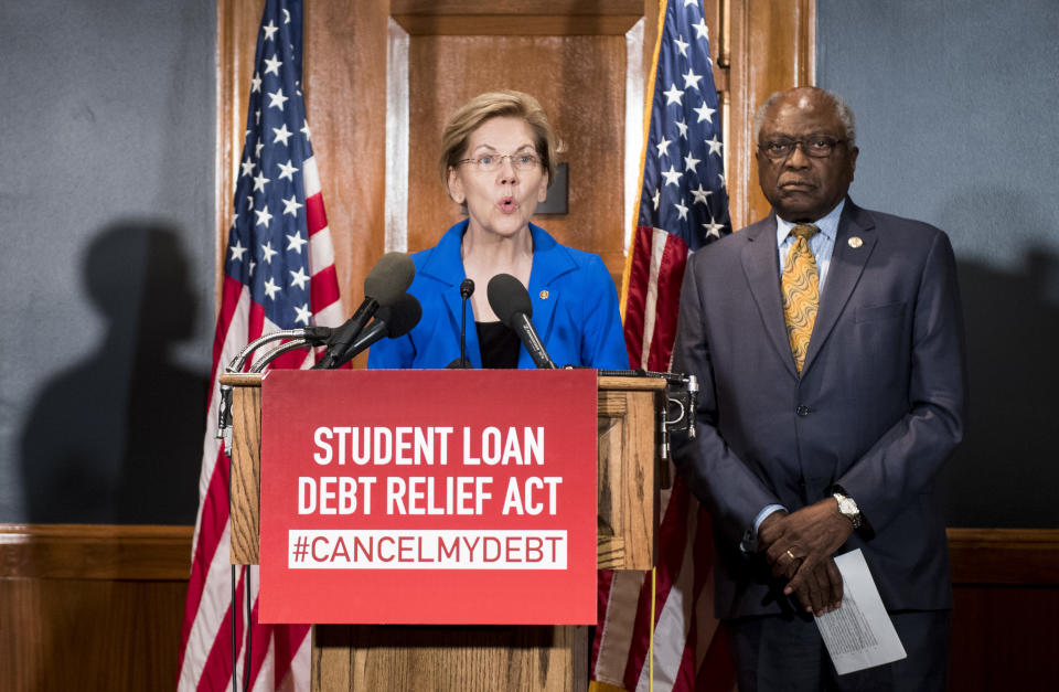 UNITED STATES - JULY 23: Sen. Elizabeth Warren, D-Mass., and House Majority Whip Jim Clyburn, D-S.C., hold a press conference in the Dirksen Senate Office Buidling to introduce the Student Loan Debt Relief Act to cancel student loan debt for millions of Americans on Tuesday, July 23, 2019. (Photo By Bill Clark/CQ Roll Call)