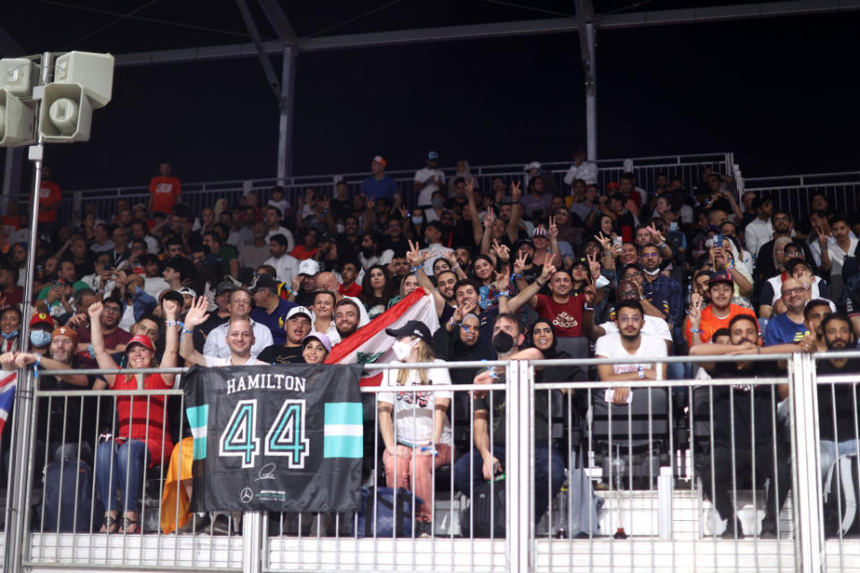 JEDDAH, SAUDI ARABIA - DECEMBER 05: Fans show their support from the stands during the F1 Grand Prix of Saudi Arabia at Jeddah Corniche Circuit on December 05, 2021 in Jeddah, Saudi Arabia.<span class="copyright">Lars Baron/Getty Images</span>