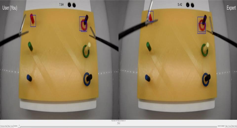 The simulator can place a recording of the trainee's work beside a recording of the expert's session, so the two can be compared.