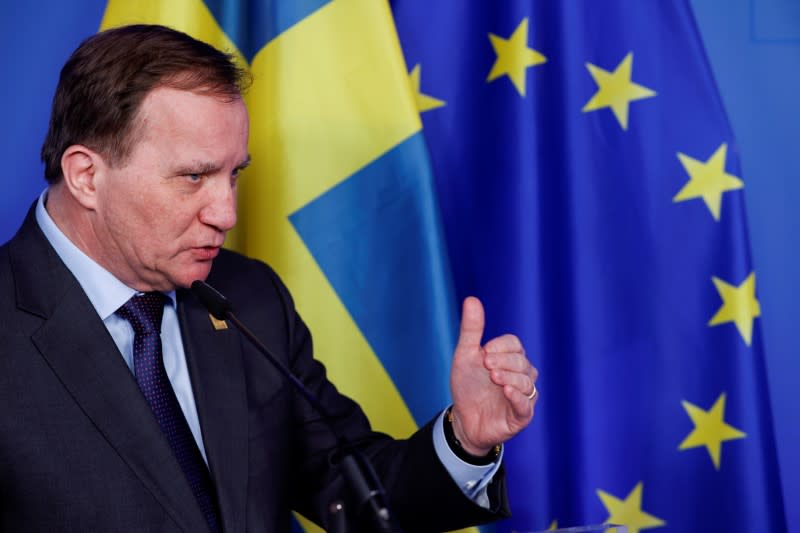 FILE PHOTO: Swedish Prime Minister Stefan Lofven speaks during a news conference after the second day of a European Union summit