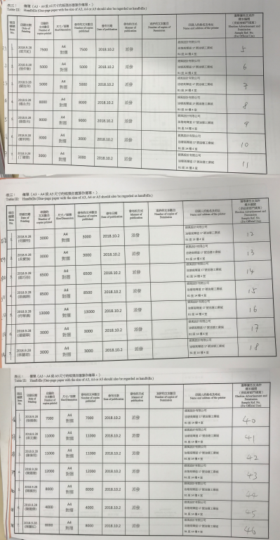 選舉主任備存紀錄顯示，陳凱欣於9月28日印製了大批傳單。她填報選舉廣告資料時，在印刷日期下方，以括號標記相關單張上的建制派支持者名字。