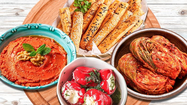 Collage of muhammara, kimchi, and other foods