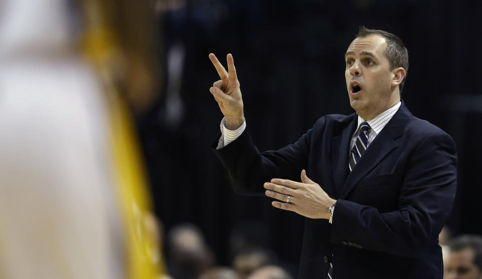 Indiana Pacers coach Frank Vogel calls a play against the Atlanta Hawks during the first half in Game 5 of an opening-round NBA basketball playoff series Monday, April 28, 2014, in Indianapolis. (AP Photo/Darron Cummings)