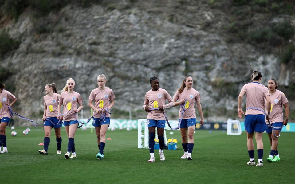 Aggie Beever-Jones (fourth left) training with England in Marbella