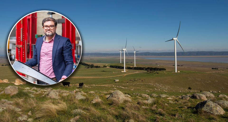 Inset - Dr Ali Hadigheh holding a recycled blade. Background - a windfarm in Australia.