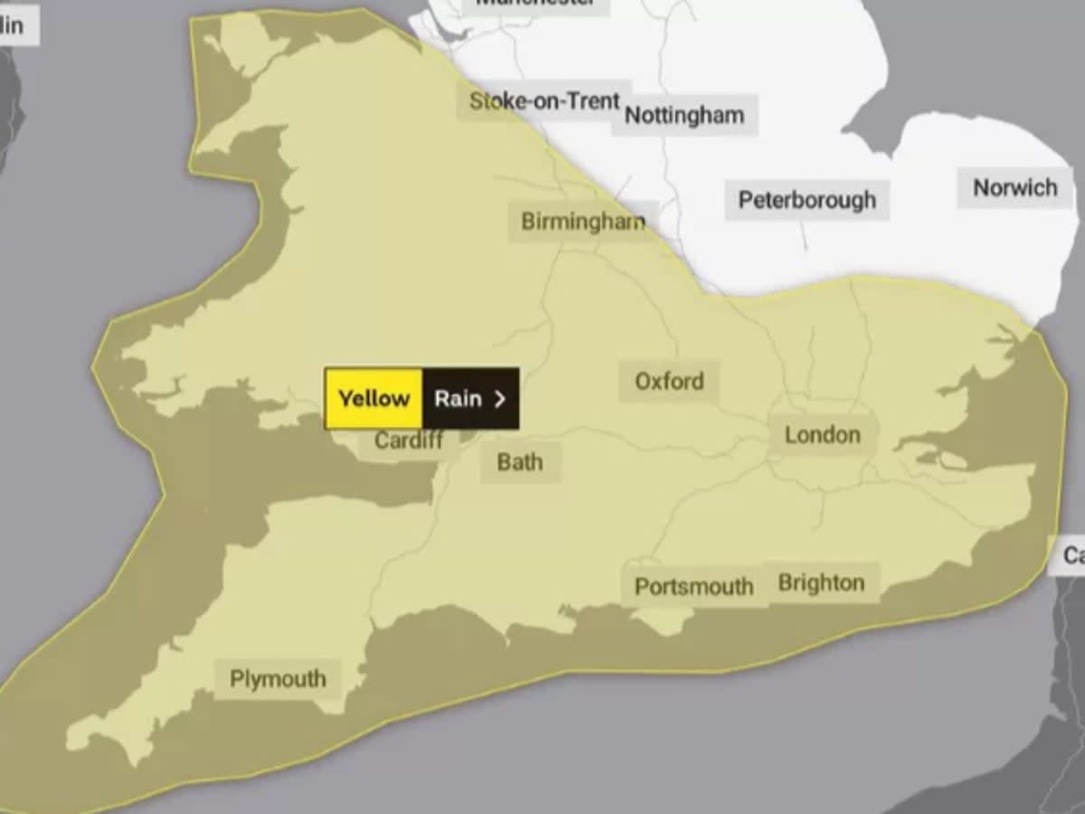 Map showing areas under yellow weather warning on Thursday (Met Office)