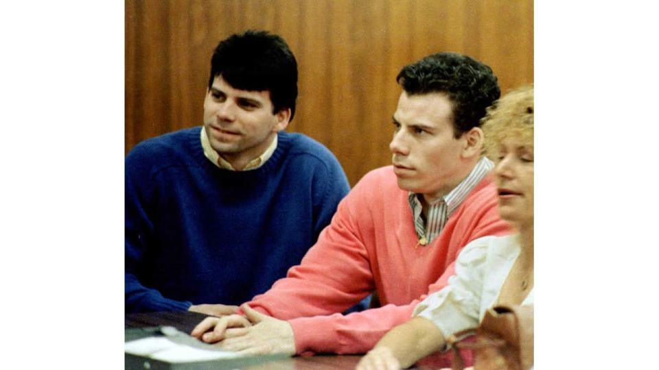 This 1992 file photo shows double murder defendants Erik (R) and Lyle Menendez (L) during a court appearance 