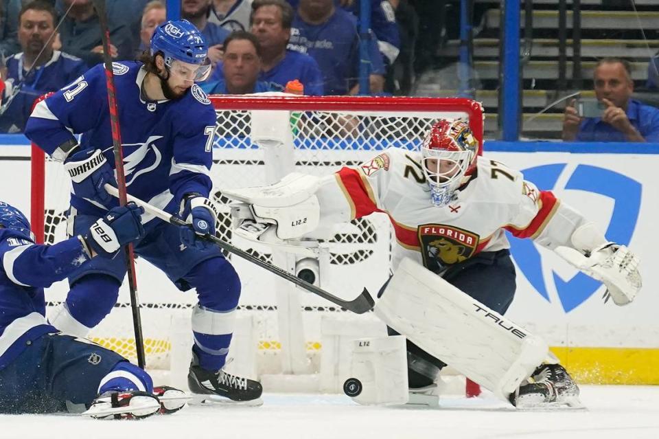 Tampa Bay Lightning center Anthony Cirelli (71) tries to get off a shot on Florida Panthers goaltender Sergei Bobrovsky (72) during the first period in Game 3 of an NHL hockey second-round playoff series Sunday, May 22, 2022, in Tampa, Fla. (AP Photo/Chris O’Meara)