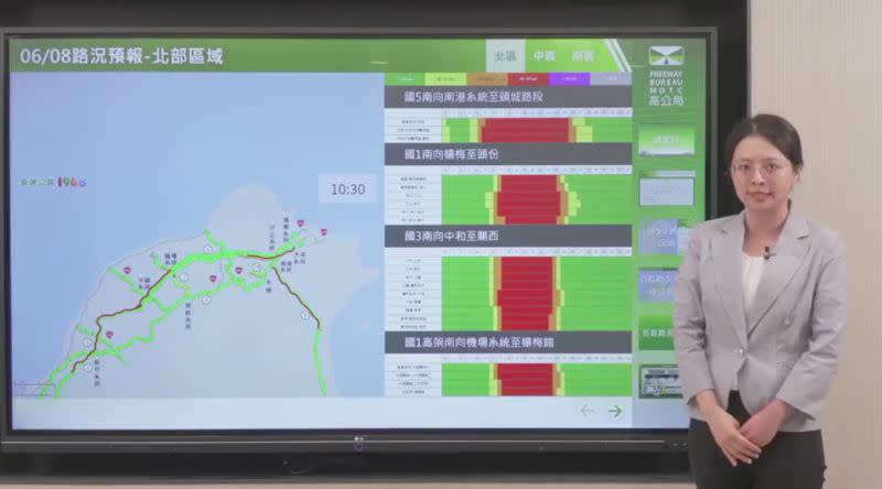 高公局預報員游衣芸說，國1湖口、國3大溪等路段已出現車多壅塞情形，而國5南港至頭城路段，估車流下午4時才會紓解。（圖／翻攝自高速小飛力直播）