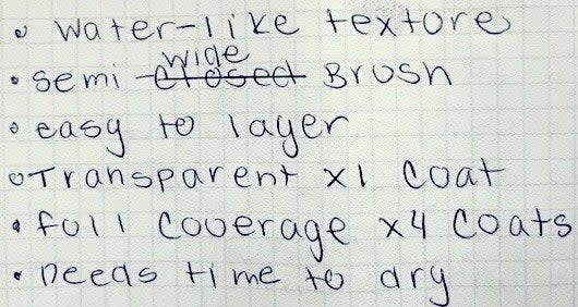 A screenshot of notes written about nail polish