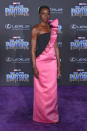 <p>Danai, who plays Okoye, in a one-shoulder pink and black satin column dress. <em>[Photo: Getty] </em><br></p>
